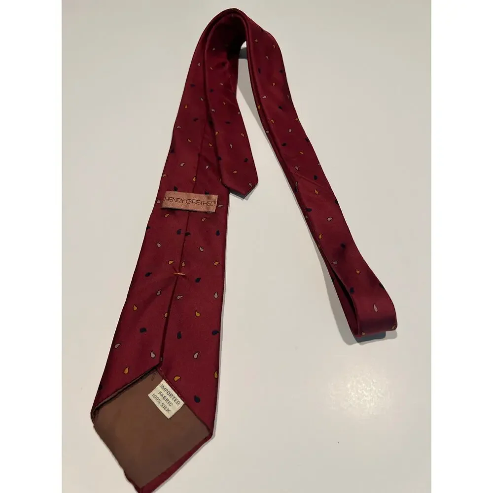 Henry Grethel Men's Silk Tie Red with Navy and Gold Tiny Paisley JL